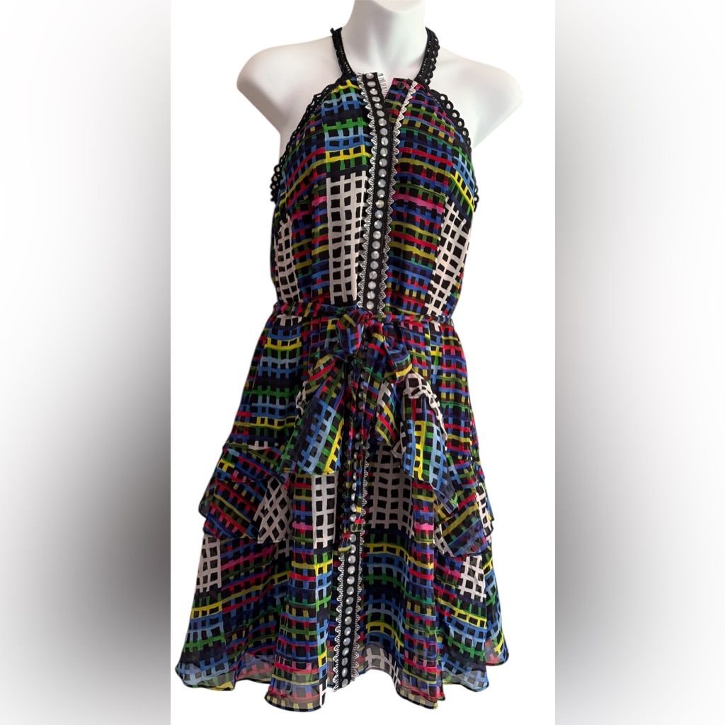 Saloni Silk Mini Dress Sz 4 Button Up Multicolor Strappy Sleeve